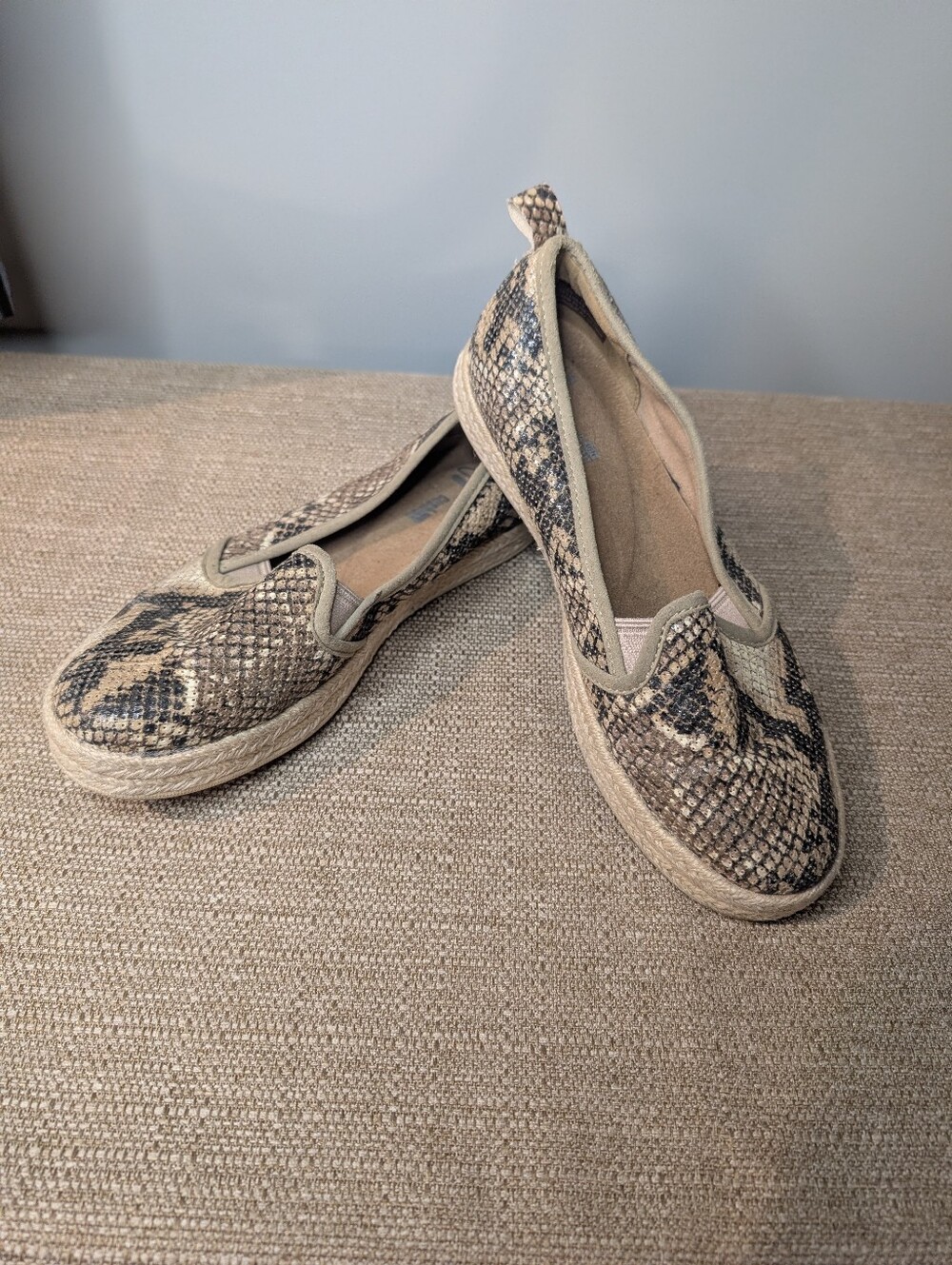 Clark's Women's Snake-Print Slip-On Espadrilles in Beige and Black